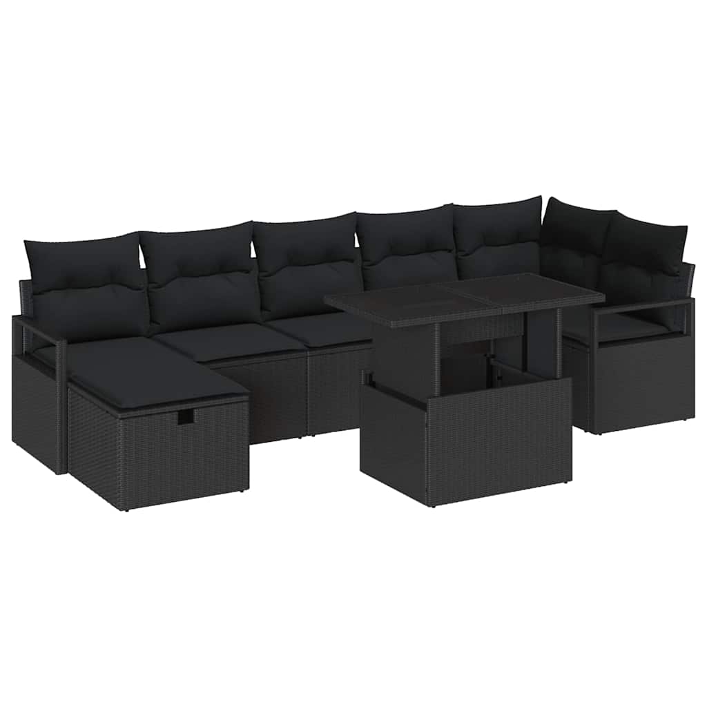 Havesofa Sæt med pude med opbevaring 8 pcs Sort Poly rattan