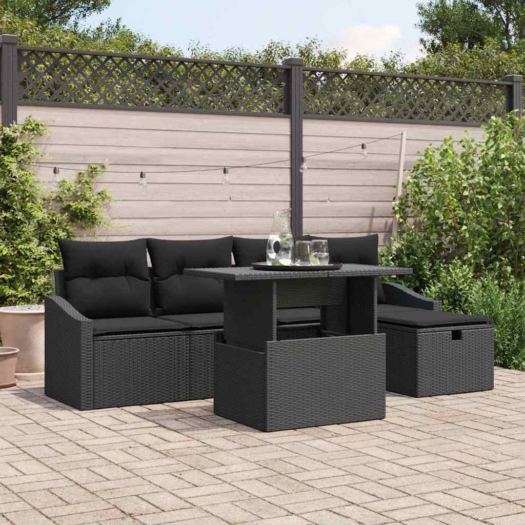 Havesofa Sæt med pude 6 pcs Sort polyrattan