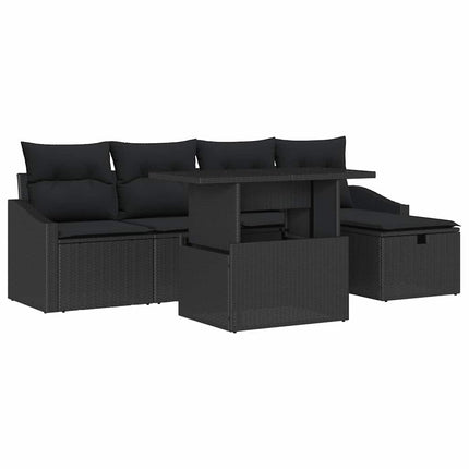 Havesofa Sæt med pude 6 pcs Sort polyrattan