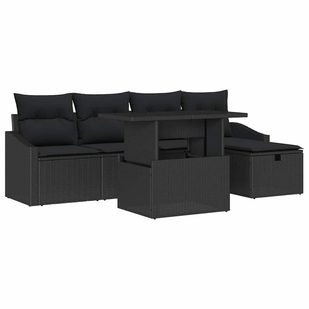 Havesofa Sæt med pude 6 pcs Sort polyrattan