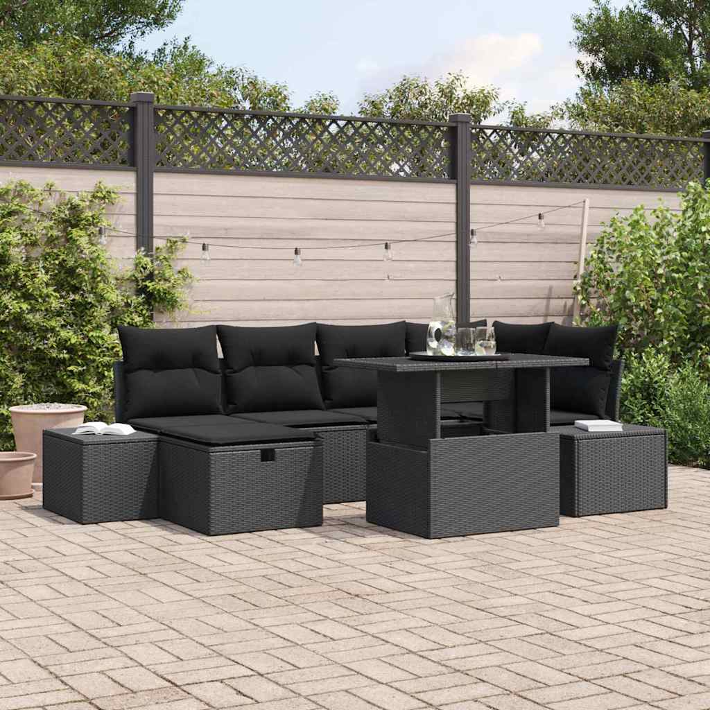 Havesofa Sæt 7 pcs Sort polyrattan
