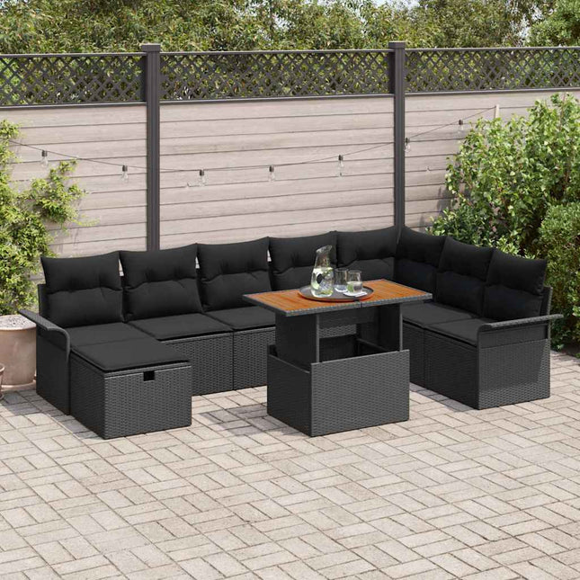 Havesofa Sæt 9 pcs Sort polyrattan