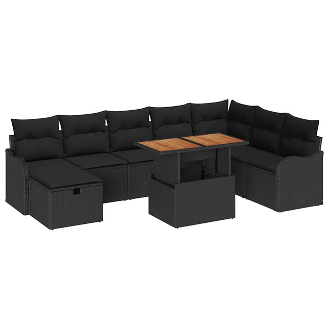 Havesofa Sæt med pude med opbevaring 9 pcs Sort polyrattan