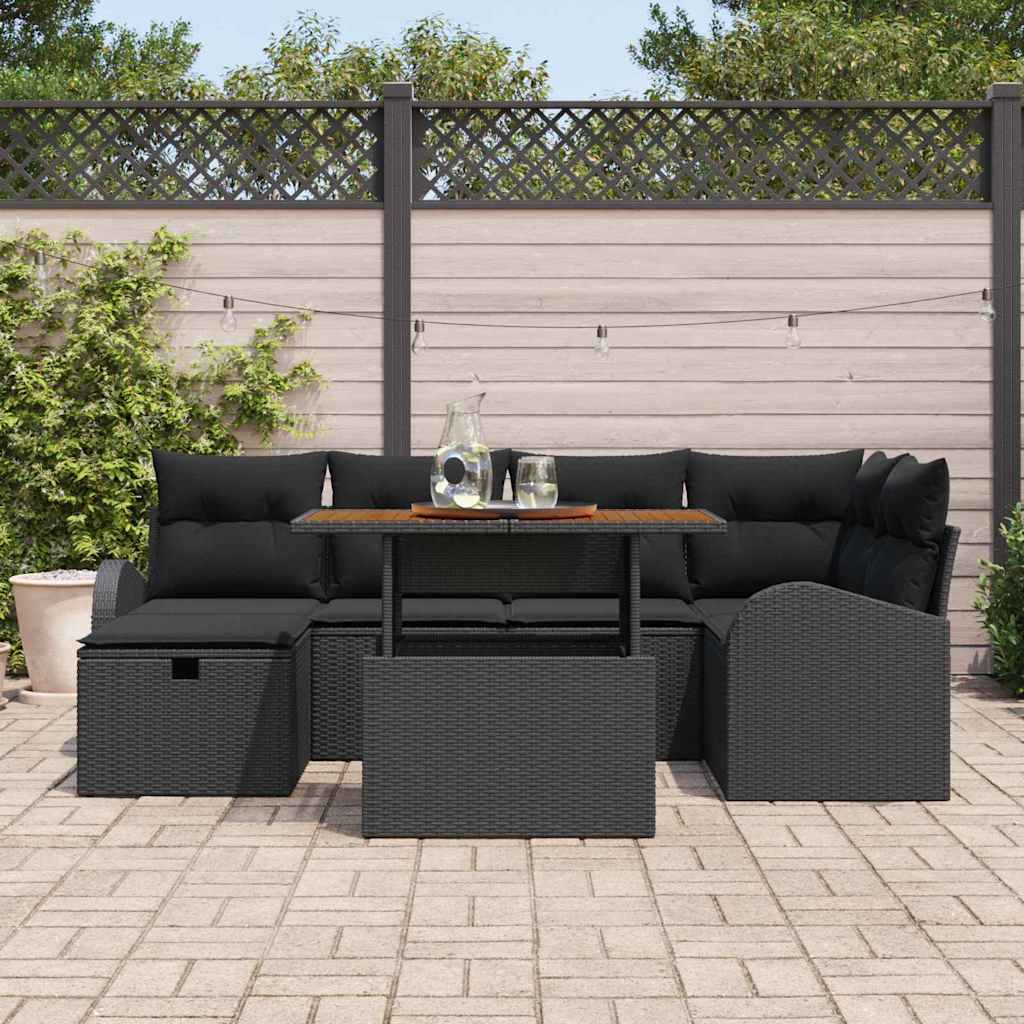 Havesofa Sæt 7 pcs Sort polyrattan
