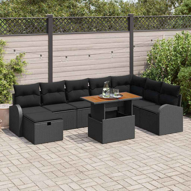 Havesofa Sæt 9 pcs Sort polyrattan