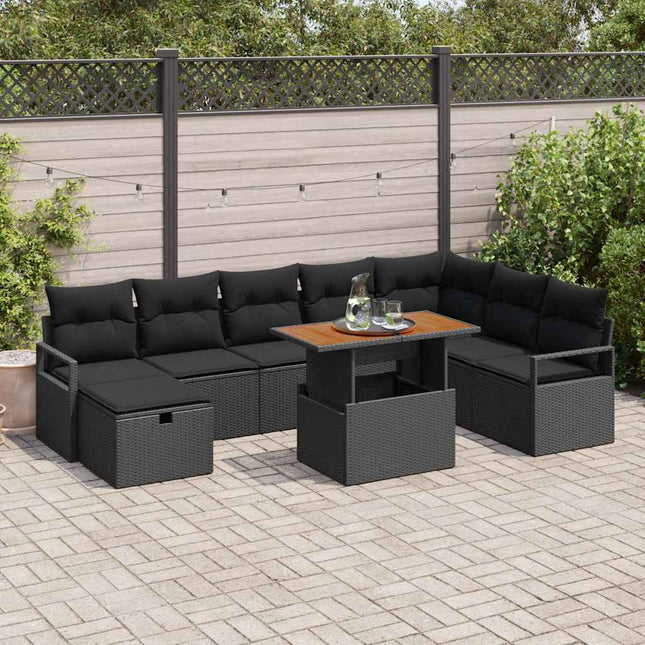 Havesofa Sæt 9 pcs Sort polyrattan