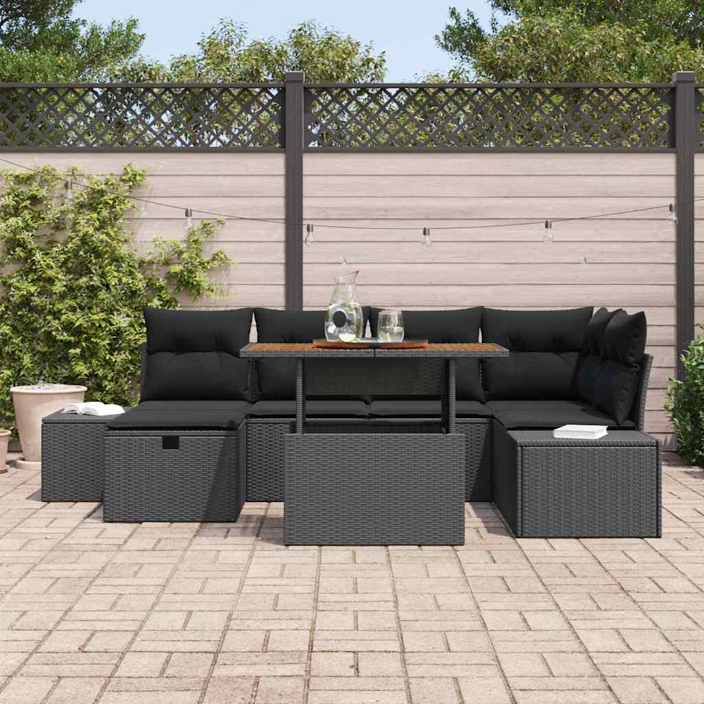 Havesofa Sæt 7 pcs Sort polyrattan