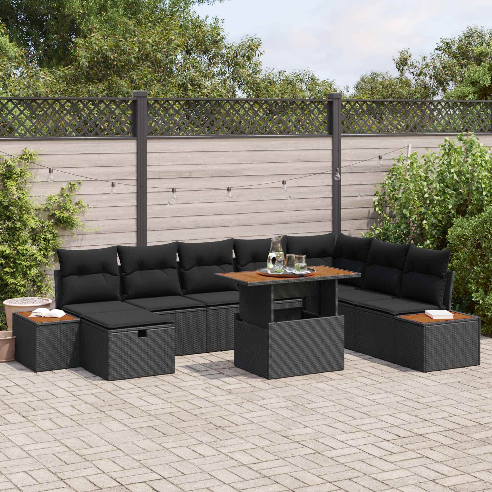 Havesofa Sæt med pude med opbevaring 9 pcs Sort polyrattan