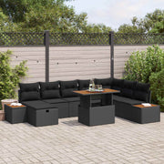 Havesofa Sæt med pude med opbevaring 9 pcs Sort polyrattan