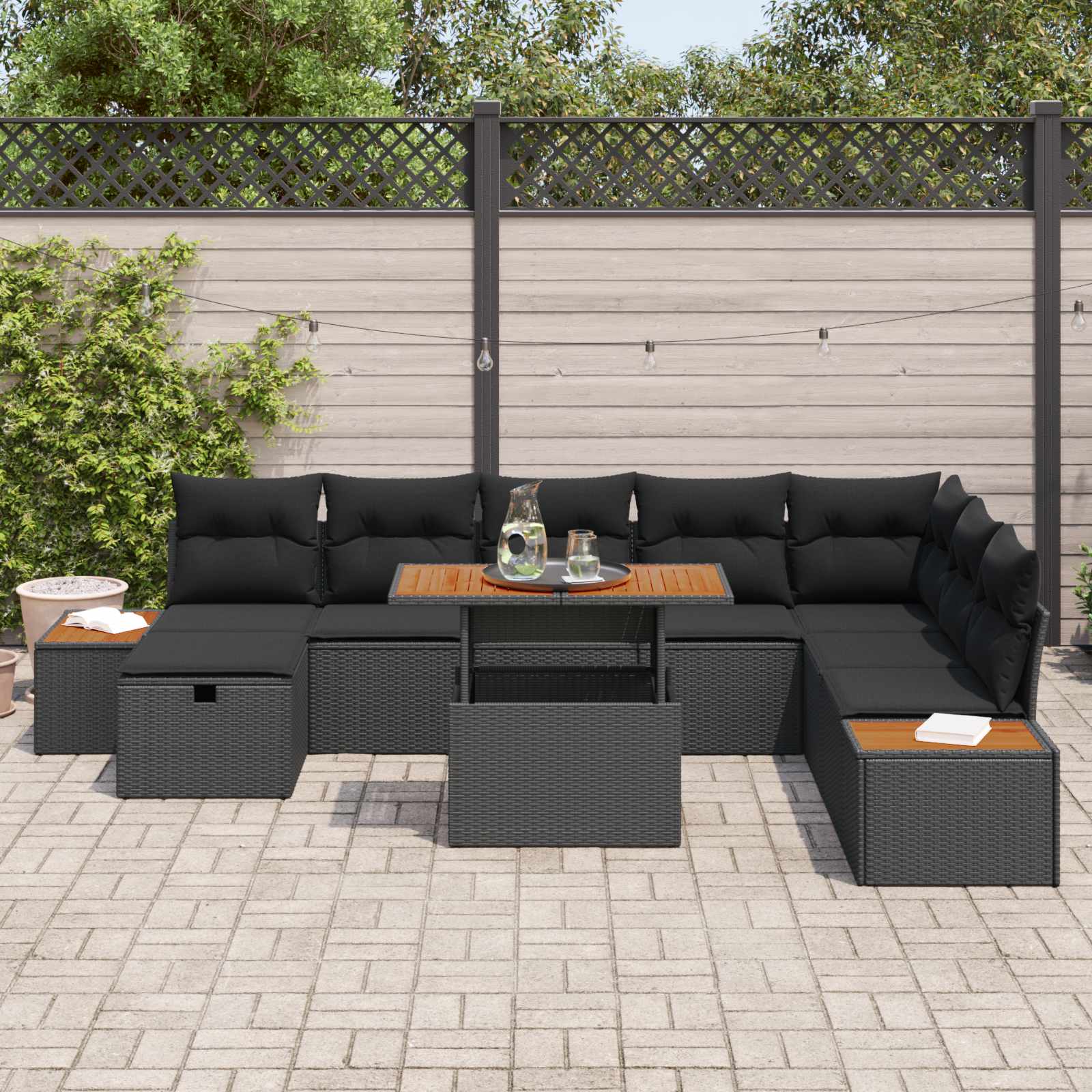 Havesofa Sæt med pude med opbevaring 9 pcs Sort polyrattan