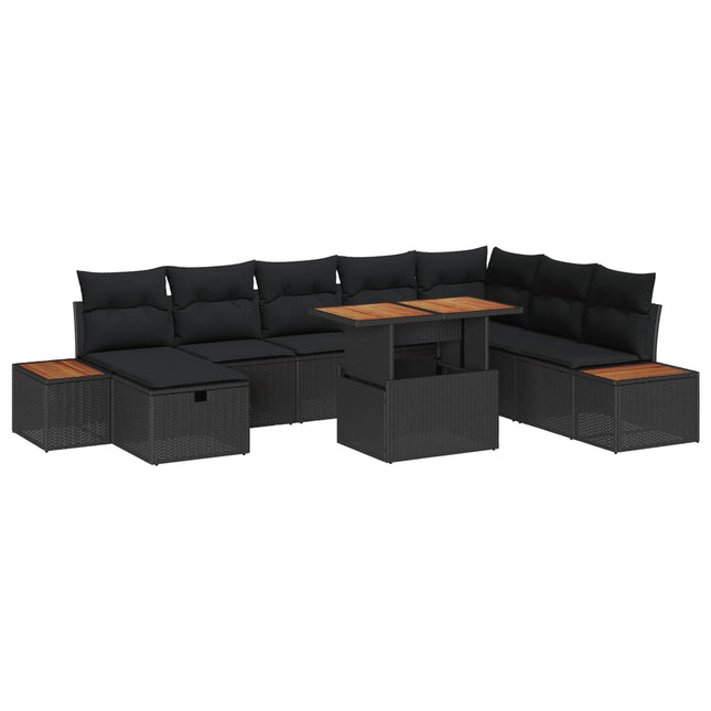 Havesofa Sæt med pude med opbevaring 9 pcs Sort polyrattan