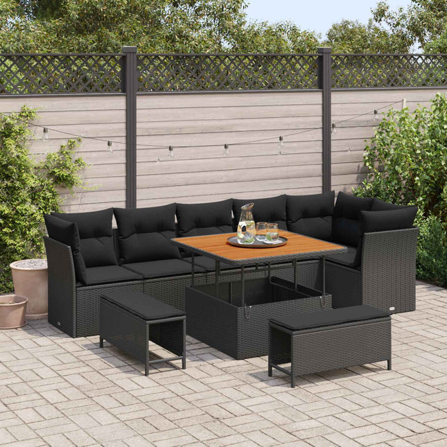 Havesofa Sæt 9 pcs Sort polyrattan
