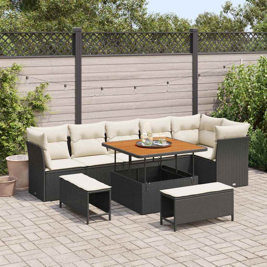 Havesofa Sæt 9 pcs Sort polyrattan