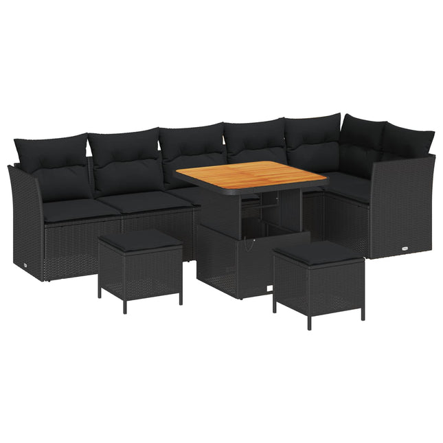Havesofa Sæt 9 pcs Sort polyrattan