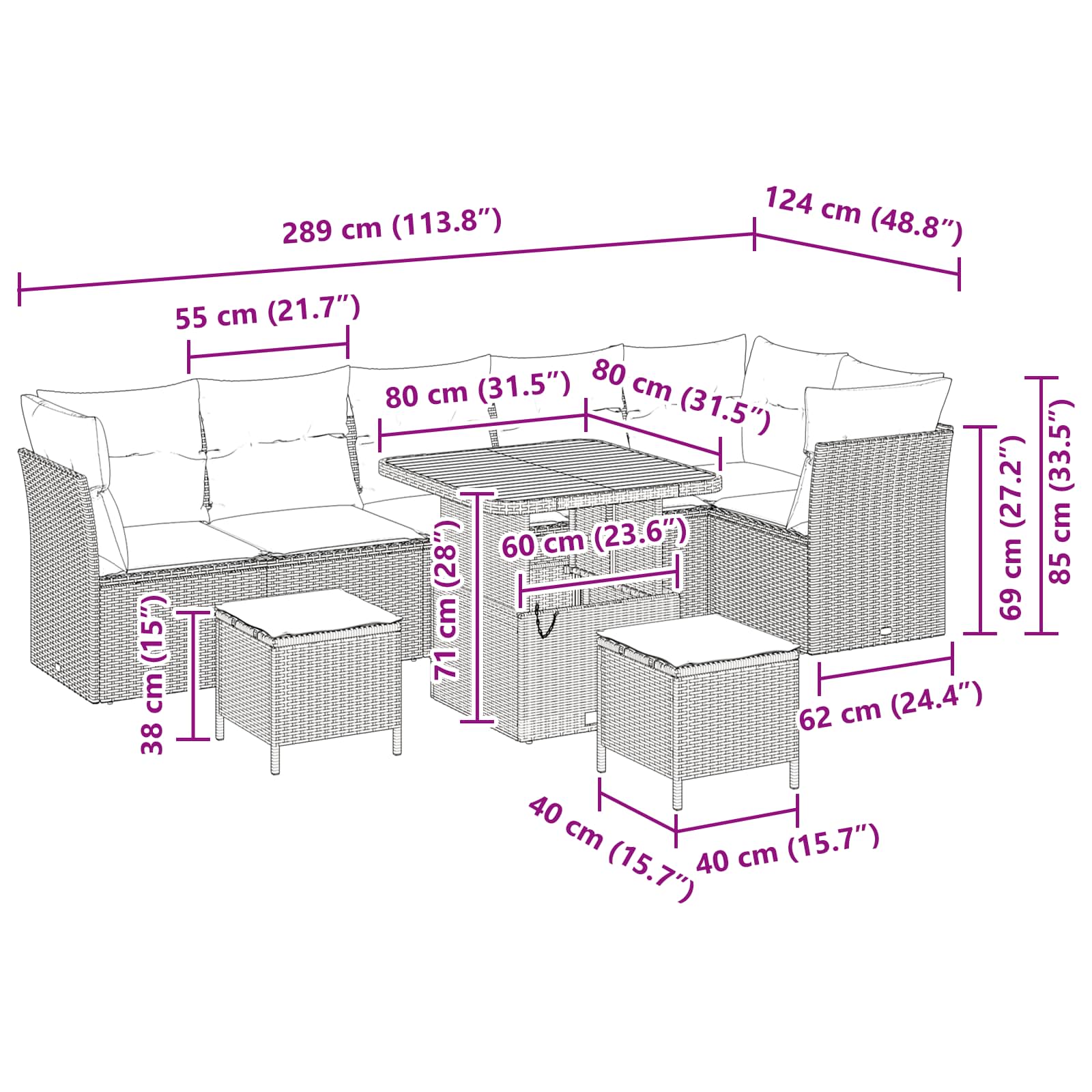 Havesofa Sæt 9 pcs Sort polyrattan