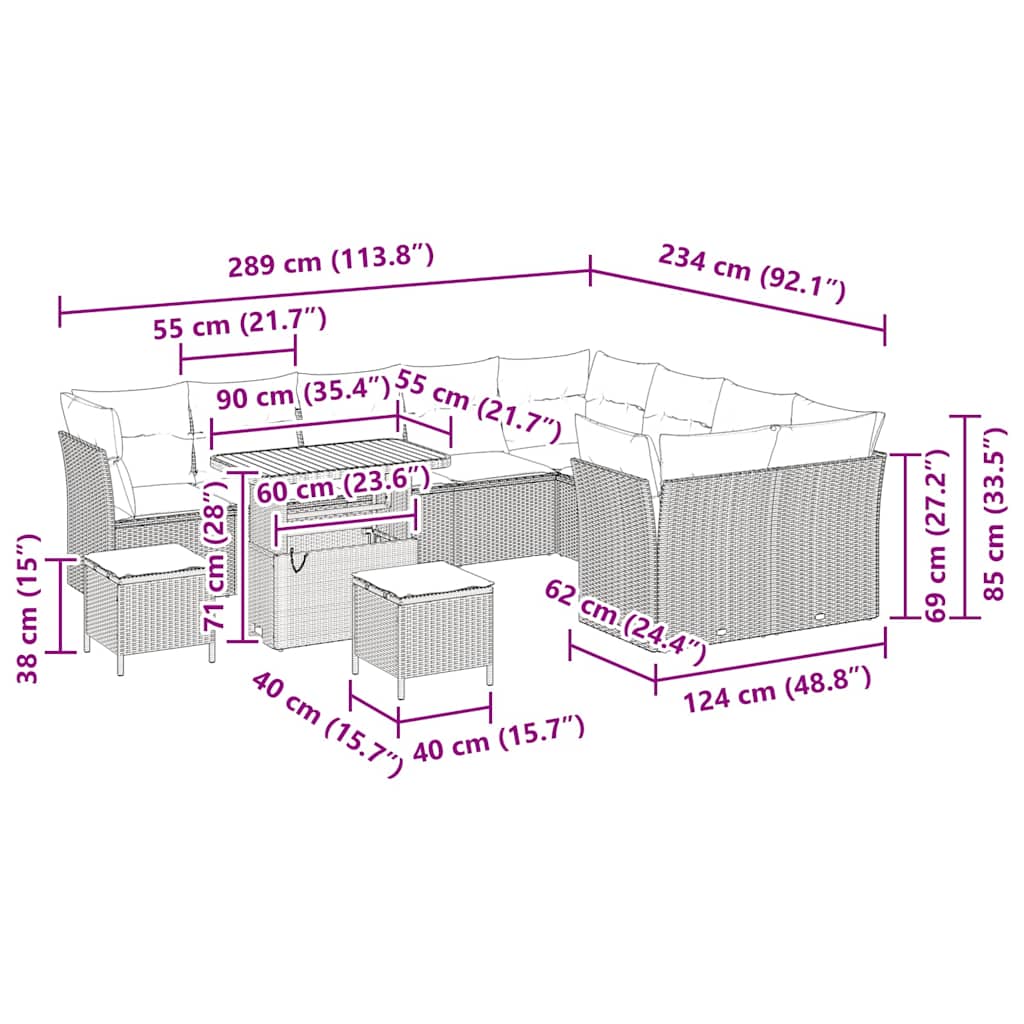 Havesofa Sæt 12 pcs Sort polyrattan