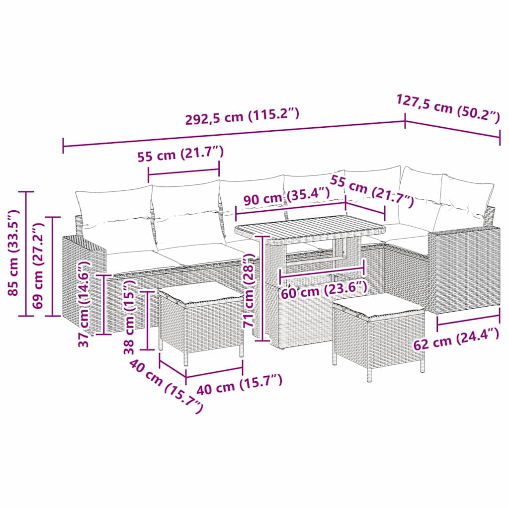 Havesofa Sæt 9 pcs Sort polyrattan