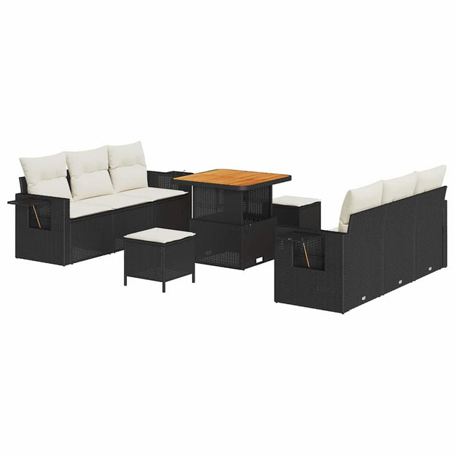 Havesofa Sæt med pude 9 pcs Sort polyrattan