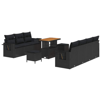 Havesofa Sæt med pude 10 pcs Sort polyrattan