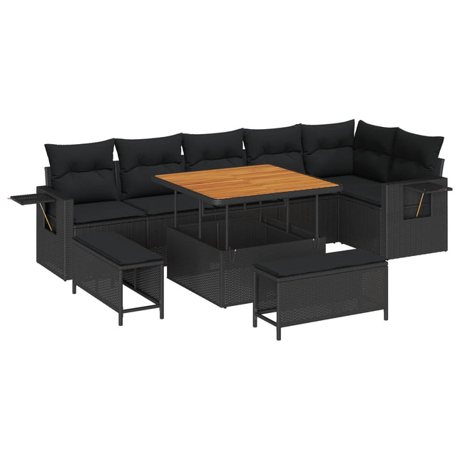 Havesofa Sæt 9 pcs Sort polyrattan