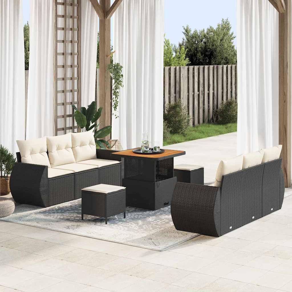 Havesofa Sæt med pude med opbevaring 9 pcs Sort polyrattan