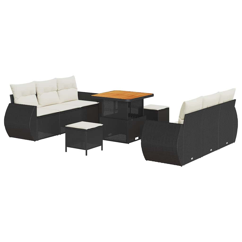 Havesofa Sæt med pude med opbevaring 9 pcs Sort polyrattan