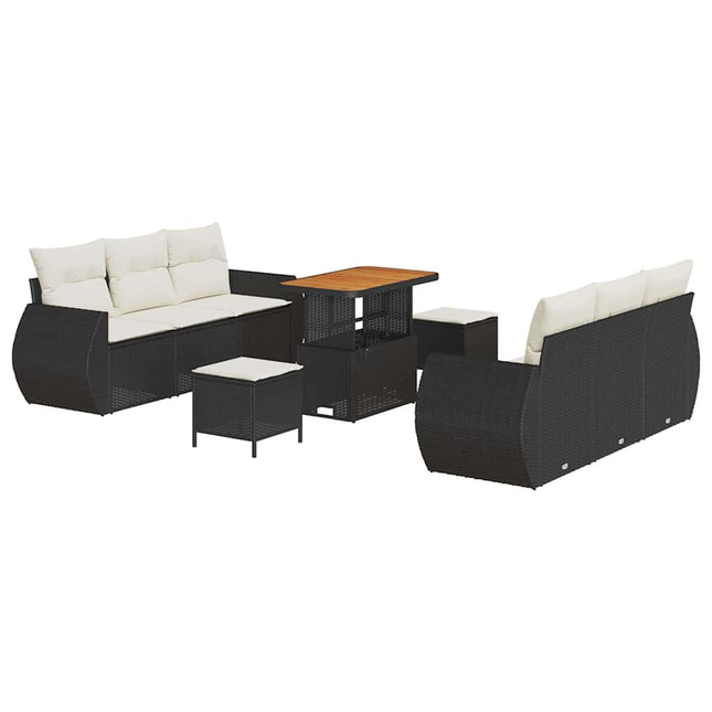 Havesofa Sæt med pude med opbevaring 9 pcs Sort polyrattan