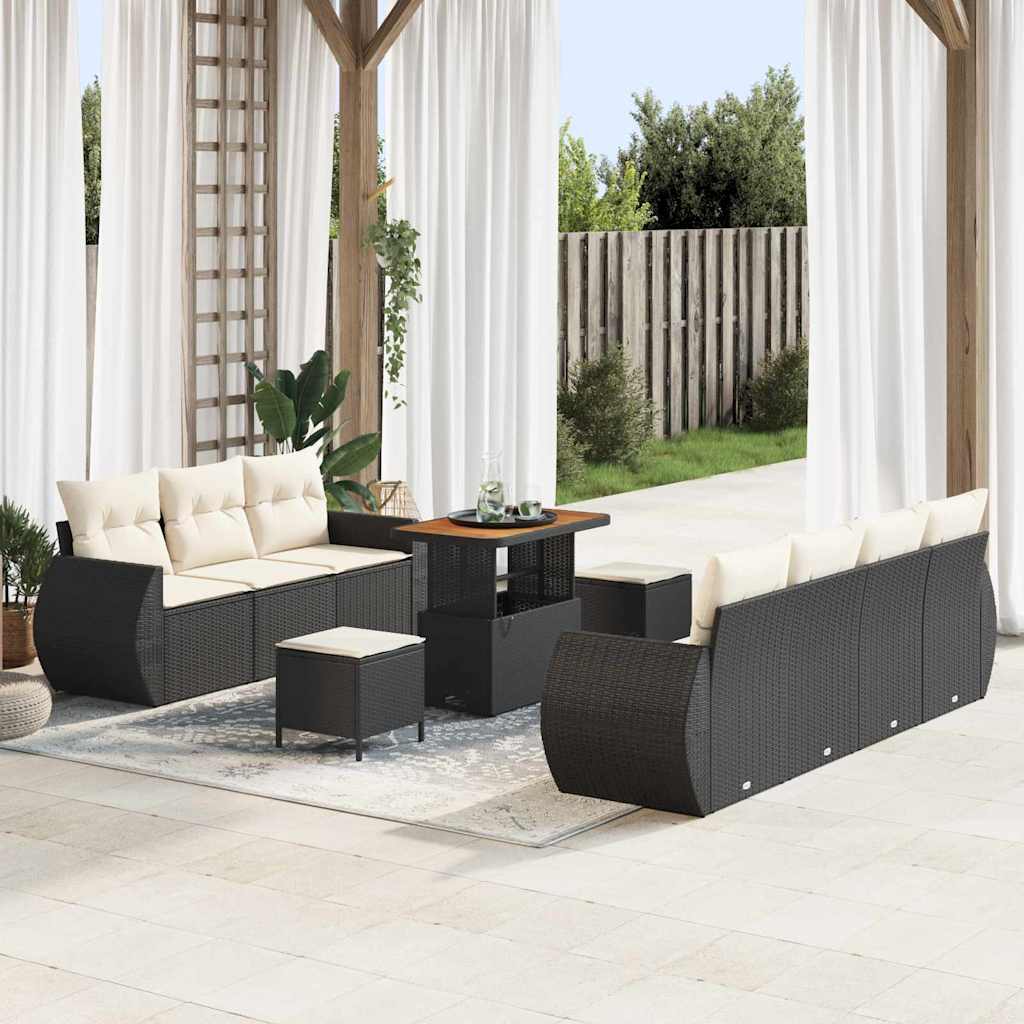 Havesofa Sæt med pude med opbevaring 10 pcs Sort polyrattan