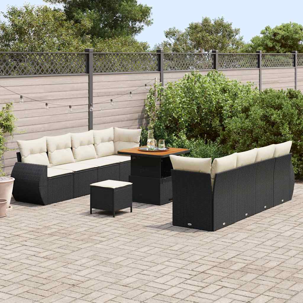 Havesofa Sæt med pude med opbevaring 11 pcs Sort polyrattan