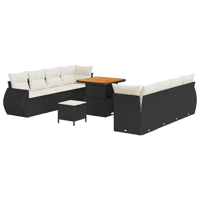 Havesofa Sæt med pude med opbevaring 11 pcs Sort polyrattan