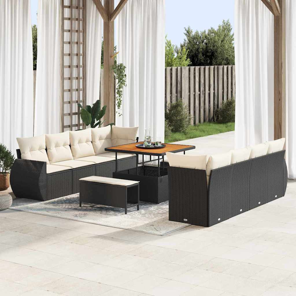 Havesofa Sæt med pude med opbevaring 11 pcs Sort polyrattan