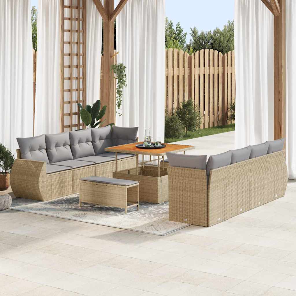 Havesofa Sæt med pude med opbevaring 11 pcs Beige polyrattan