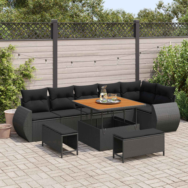 Havesofa Sæt 9 pcs Sort polyrattan