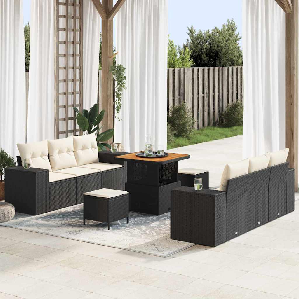 Havesofa Sæt med pude 9 pcs Sort Poly rattan