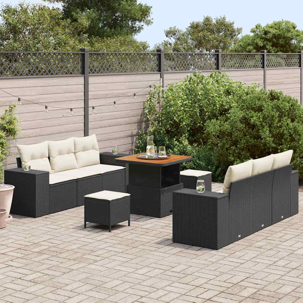 Havesofa Sæt med pude 9 pcs Sort Poly rattan