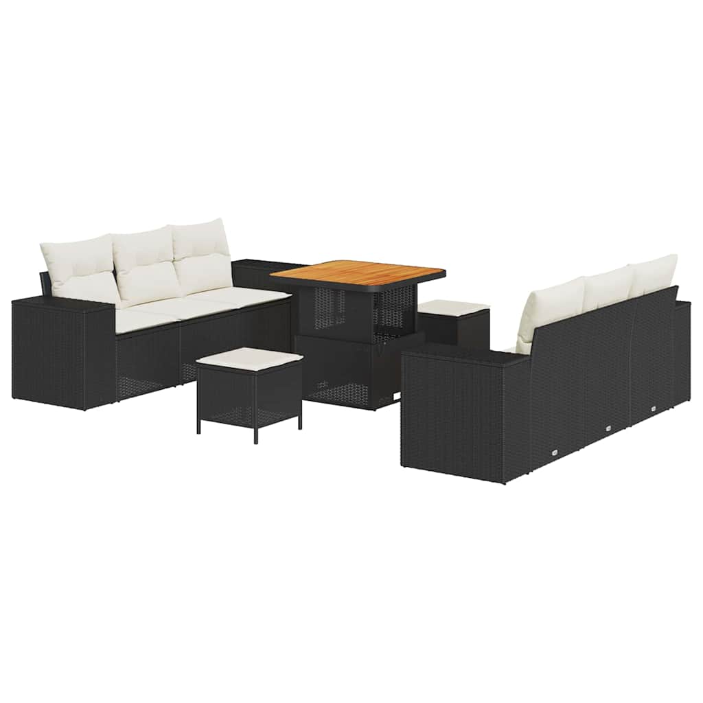Havesofa Sæt med pude 9 pcs Sort Poly rattan