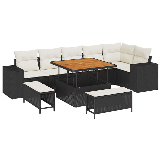 Havesofa Sæt med pude 9 pcs Sort polyrattan