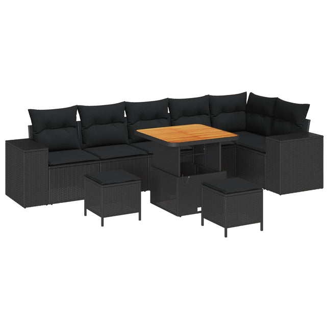 Havesofa Sæt med pude 9 pcs Sort polyrattan