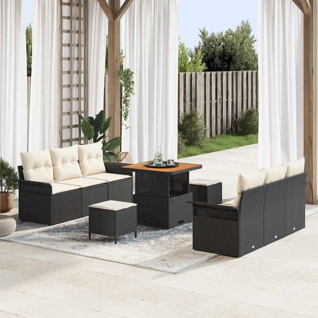 Havesofa Sæt med pude 9 pcs Sort polyrattan