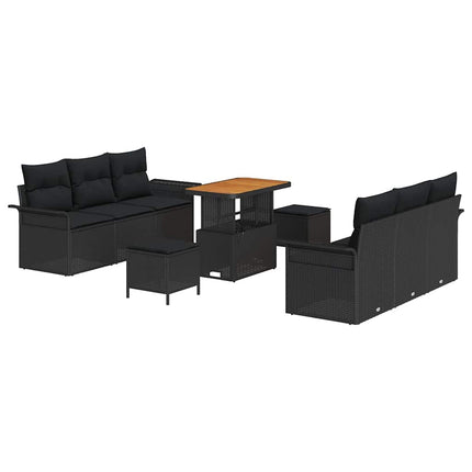 Havesofa Sæt med pude 9 pcs Sort polyrattan