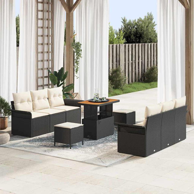Havesofa Sæt med pude 9 pcs Sort polyrattan