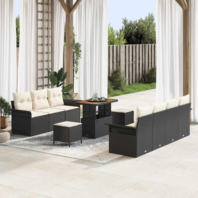Havesofa Sæt med pude 10 pcs Sort polyrattan