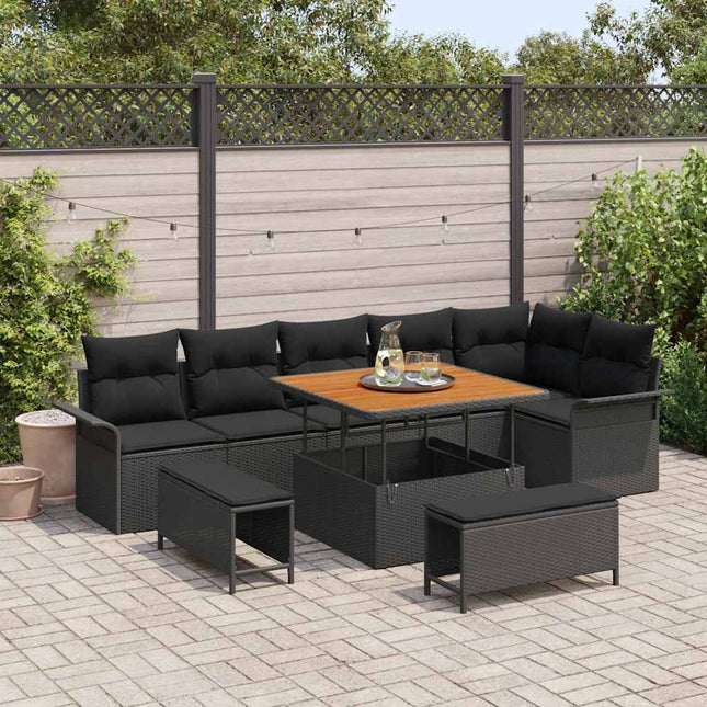 Havesofa Sæt med pude 9 pcs Sort polyrattan