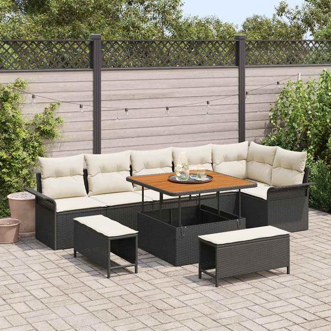 Havesofa Sæt med pude 9 pcs Sort polyrattan