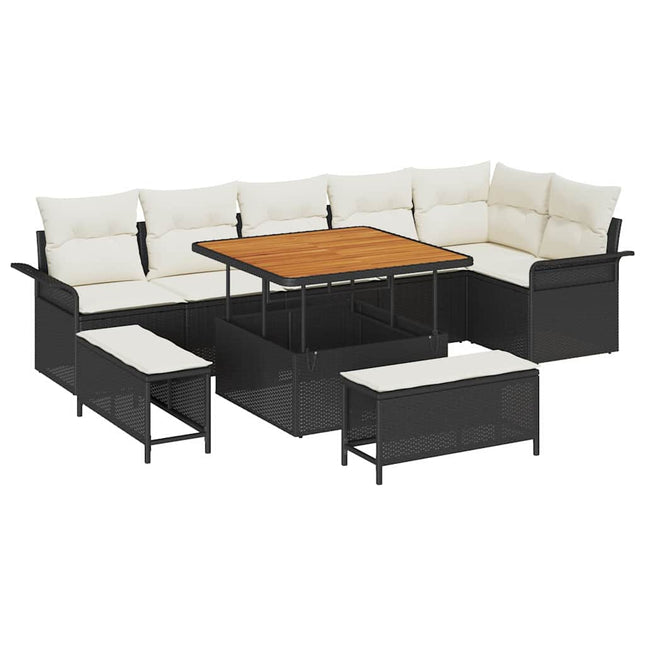 Havesofa Sæt med pude 9 pcs Sort polyrattan