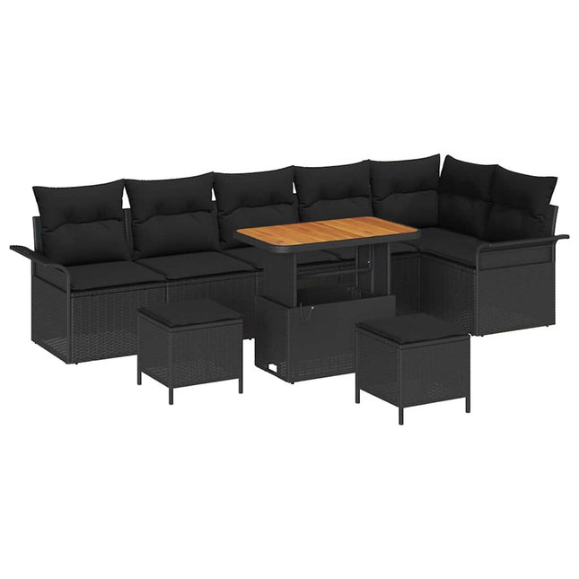 Havesofa Sæt med pude 9 pcs Sort polyrattan
