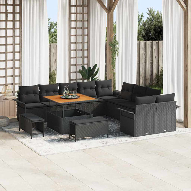 Havesofa Sæt med pude 13 pcs Sort polyrattan