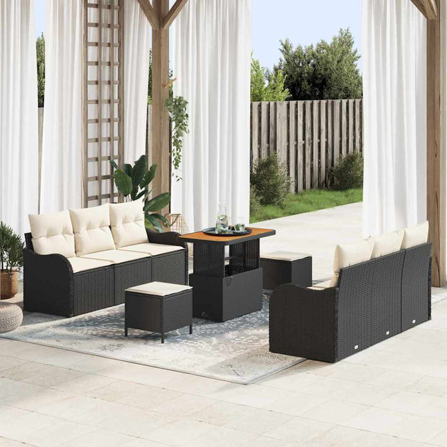 Havesofa Sæt med pude 9 pcs Sort polyrattan