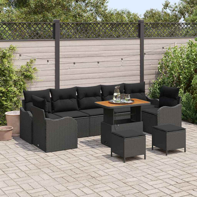 Havesofa Sæt med pude 10 pcs Sort polyrattan