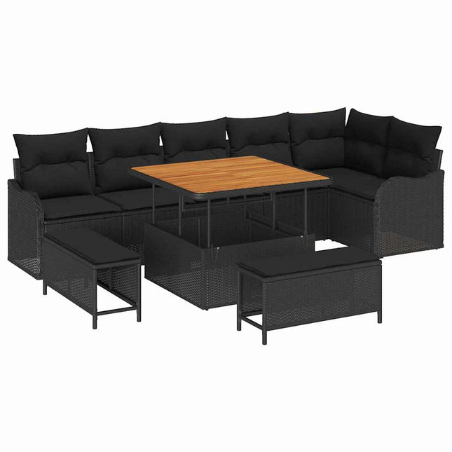 Havesofa Sæt med pude 9 pcs Sort polyrattan